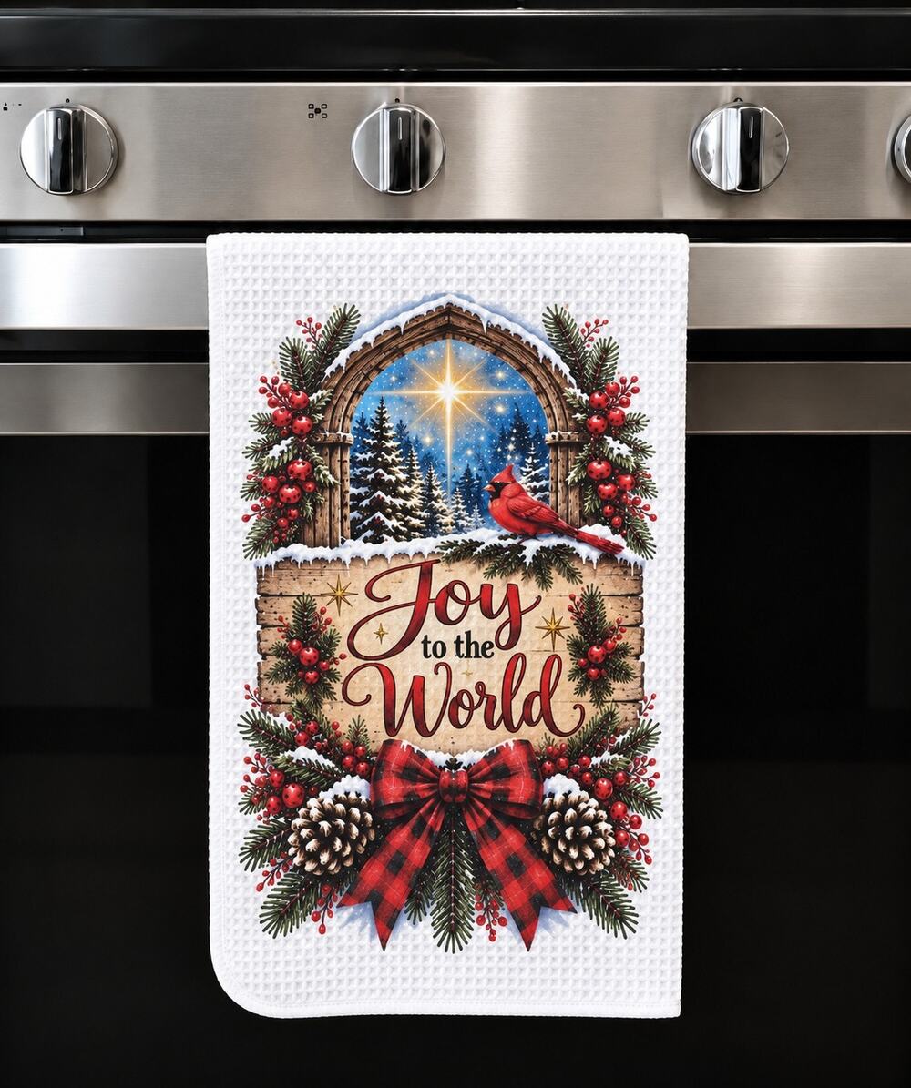 Joy to the World Christmas Cardinal Rustic Farmhouse Kitchen Towel